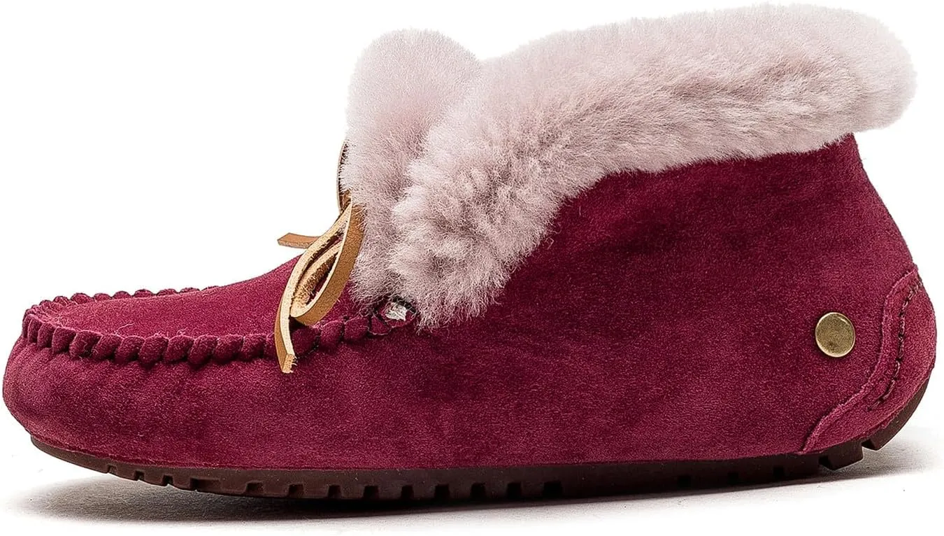 U-lite Women's Moccasin Slippers with Warm Wool Lining, Pigskin Leather Non-Slip Rubber Sole for Indoor and Outdoor Casual Winter Flat Shoes