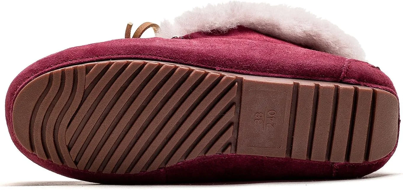 U-lite Women's Moccasin Slippers with Warm Wool Lining, Pigskin Leather Non-Slip Rubber Sole for Indoor and Outdoor Casual Winter Flat Shoes