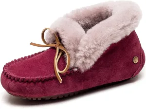U-lite Women's Moccasin Slippers with Warm Wool Lining, Pigskin Leather Non-Slip Rubber Sole for Indoor and Outdoor Casual Winter Flat Shoes