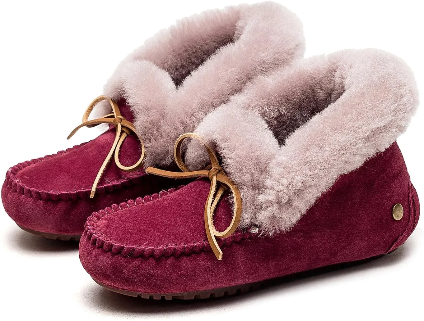 U-lite Women's Moccasin Slippers with Warm Wool Lining, Pigskin Leather Non-Slip Rubber Sole for Indoor and Outdoor Casual Winter Flat Shoes