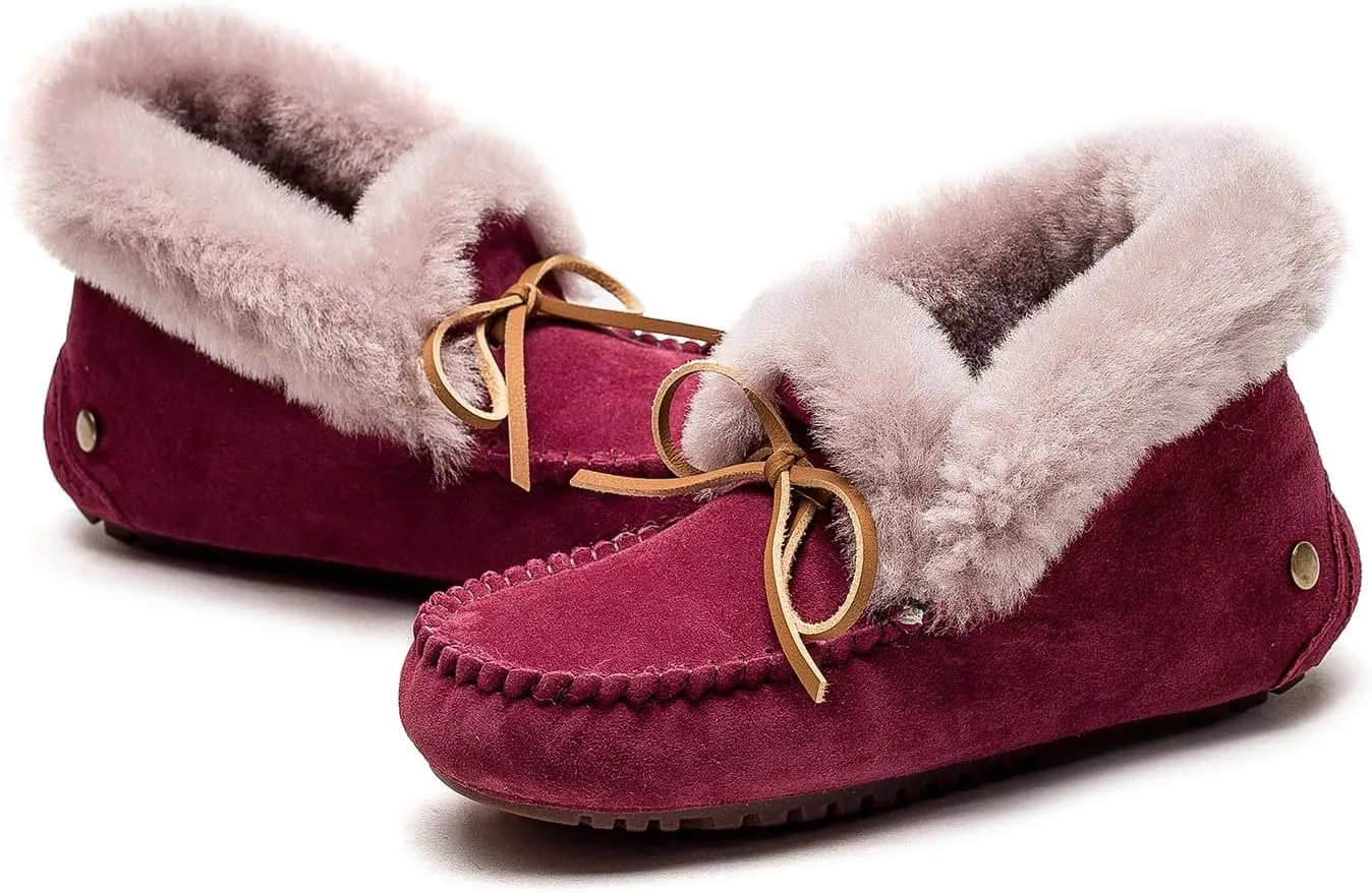 U-lite Women's Moccasin Slippers with Warm Wool Lining, Pigskin Leather Non-Slip Rubber Sole for Indoor and Outdoor Casual Winter Flat Shoes
