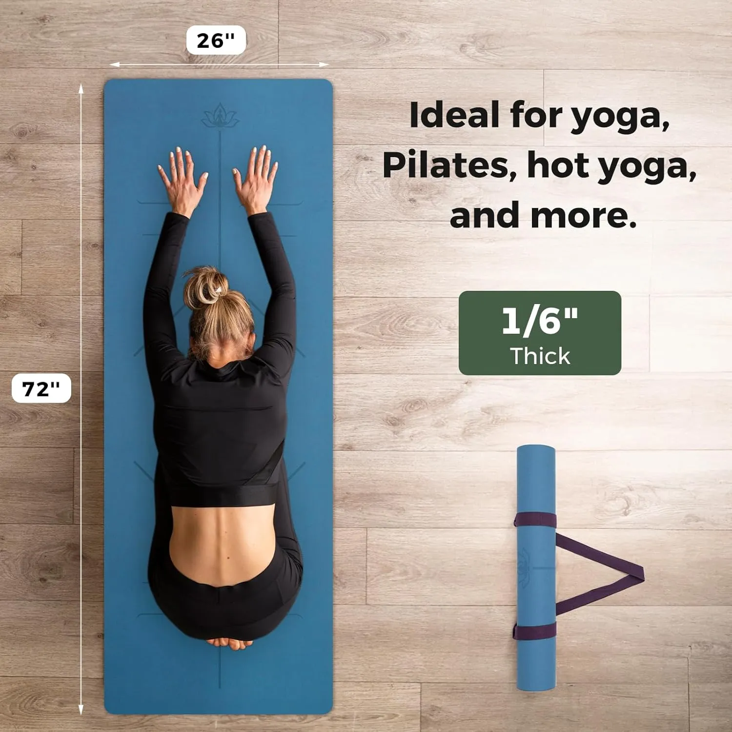 U&M Yoga Mat Non-Slip, Exercise Mat with Carrying Strap for Home Yoga,Pilates & Meditation Stretching, Floor & Fitness Workouts, 72"x26" x1/6" Thick Fitness Mats Non-Slip Natural Rubber Base & PU Top