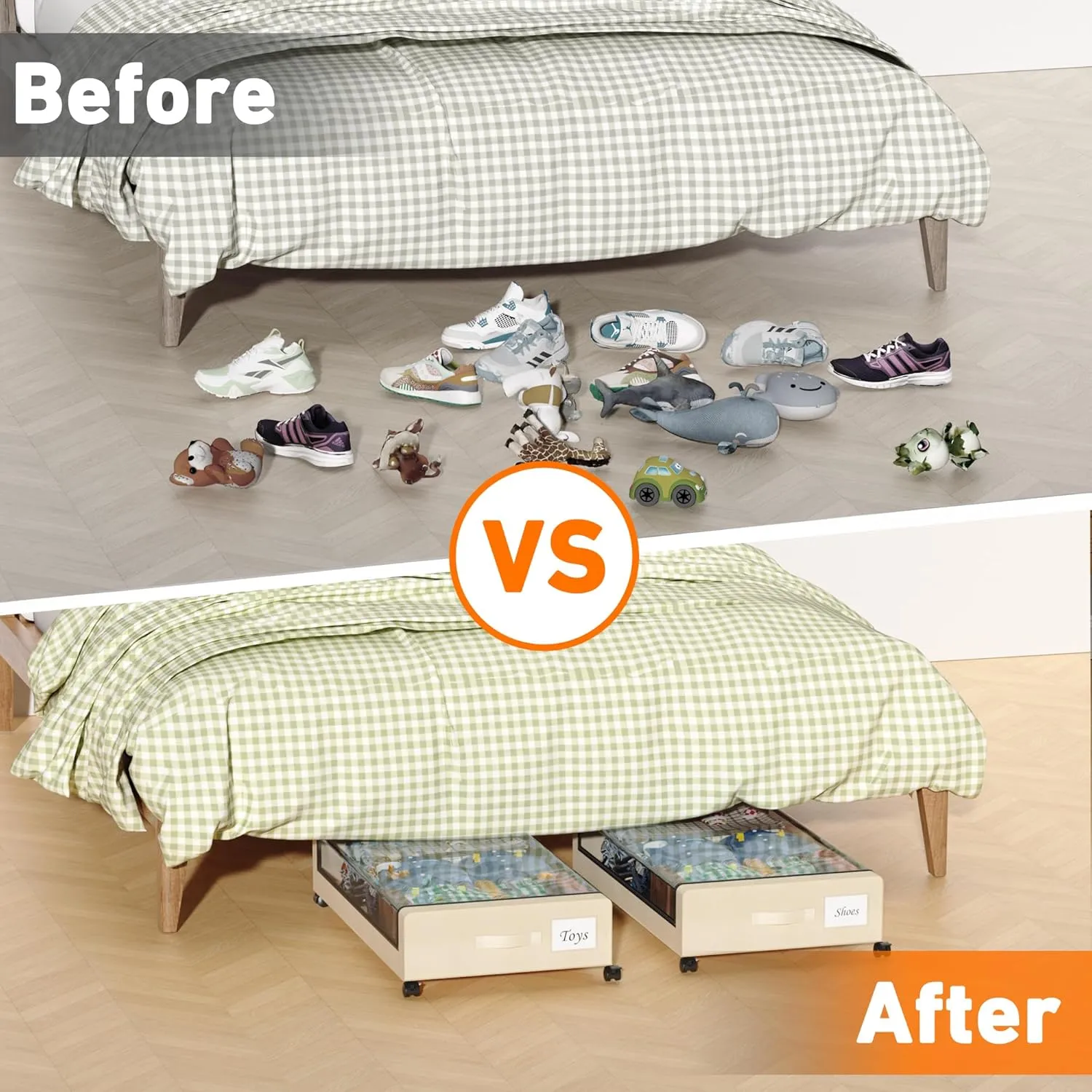 Under Bed Storage with Wheels, 2-Pack Under Bed Storage Containers with Clear Lids, XXL 60L Under the bed storage Organizer Bins, Rolling Under Bed Metal Drawer for Clothes,Shoes,Toys (White, 2 Pack)