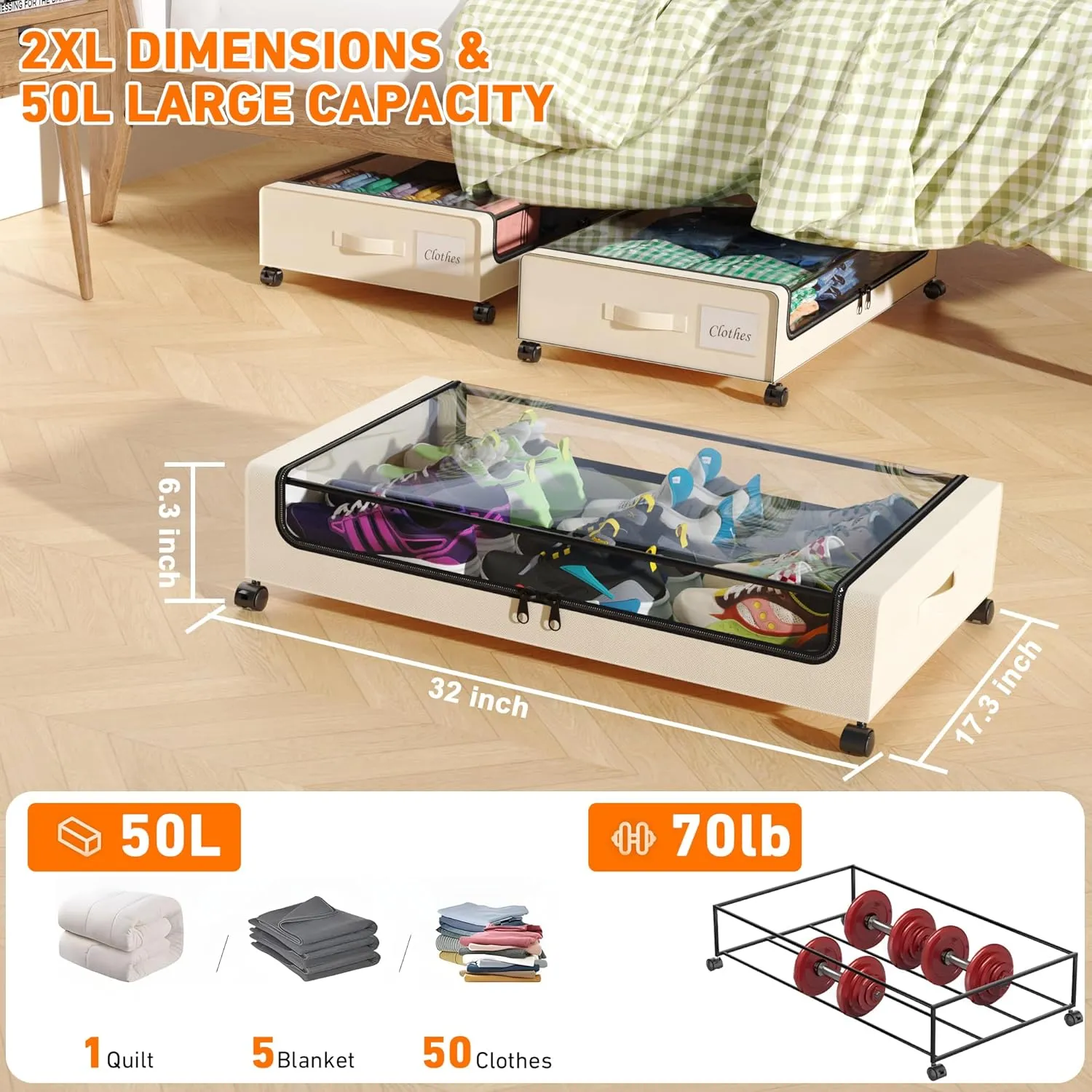 Under Bed Storage with Wheels, 2-Pack Under Bed Storage Containers with Clear Lids, XXL 60L Under the bed storage Organizer Bins, Rolling Under Bed Metal Drawer for Clothes,Shoes,Toys (White, 2 Pack)