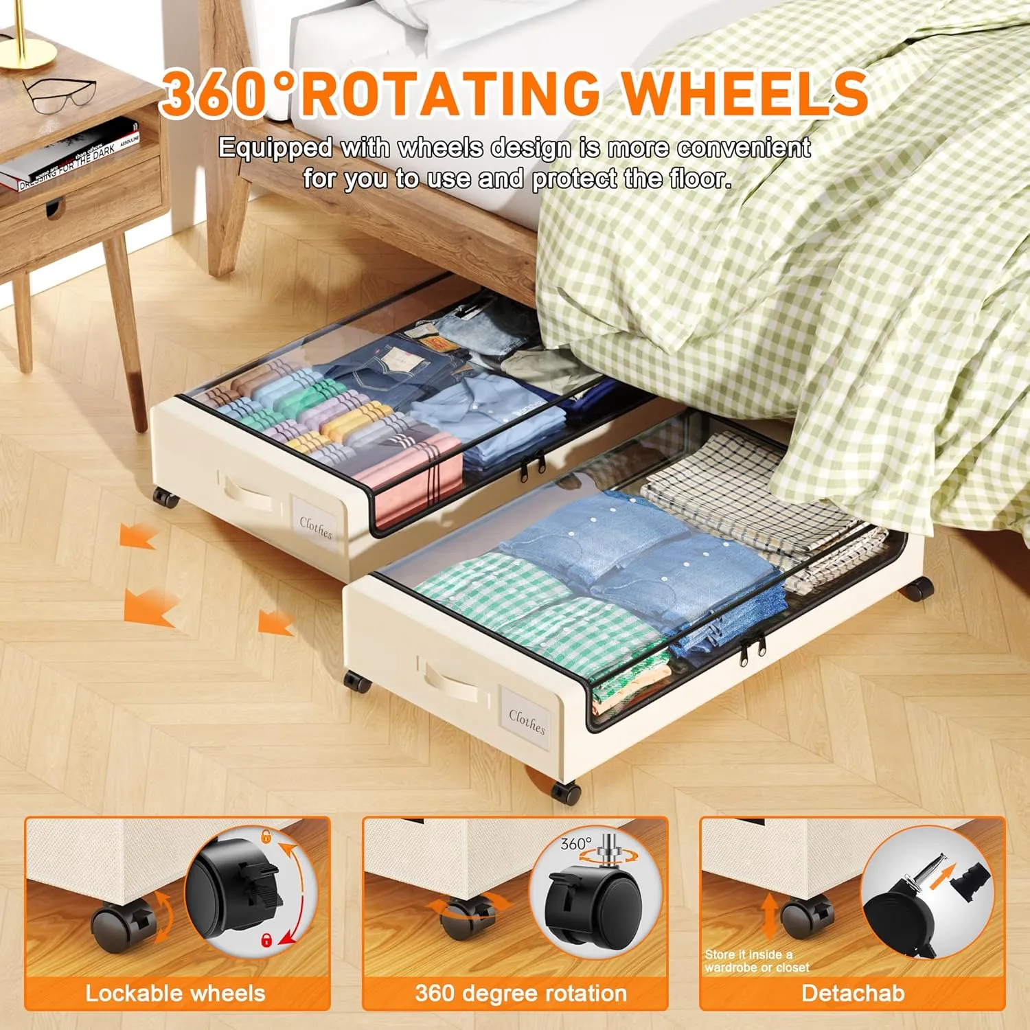 Under Bed Storage with Wheels, 2-Pack Under Bed Storage Containers with Clear Lids, XXL 60L Under the bed storage Organizer Bins, Rolling Under Bed Metal Drawer for Clothes,Shoes,Toys (White, 2 Pack)
