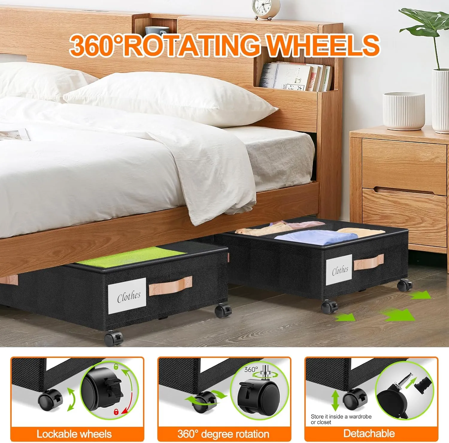 Under Bed Storage with Wheels, 2 Pack Under Bed Storage Containers with Dividers & Clear Lids, Under the bed storage Organizer Bins,Underbed Storage with Wheels for Clothes,Toys,Shoes (Black, 2 Pack)