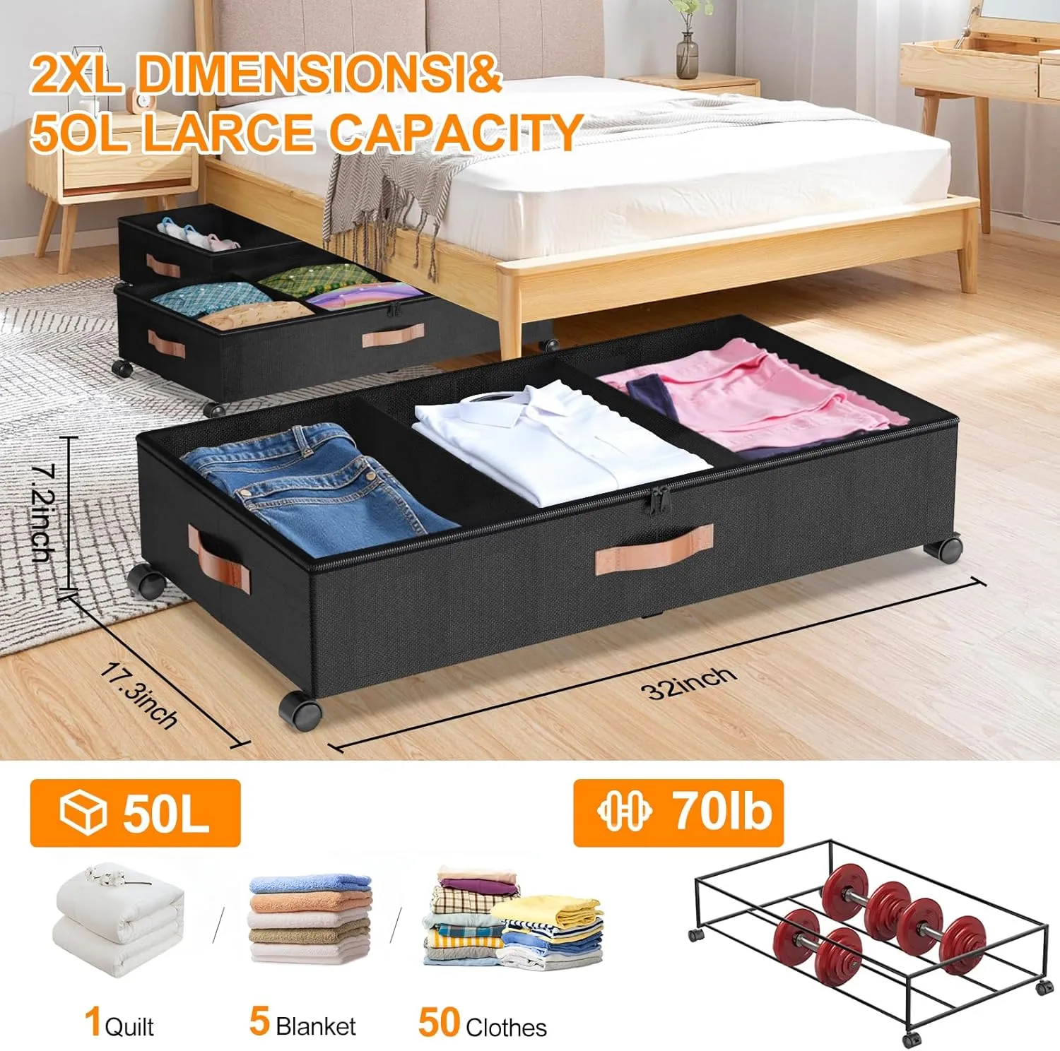 Under Bed Storage with Wheels, 2 Pack Under Bed Storage Containers with Dividers & Clear Lids, Under the bed storage Organizer Bins,Underbed Storage with Wheels for Clothes,Toys,Shoes (Black, 2 Pack)