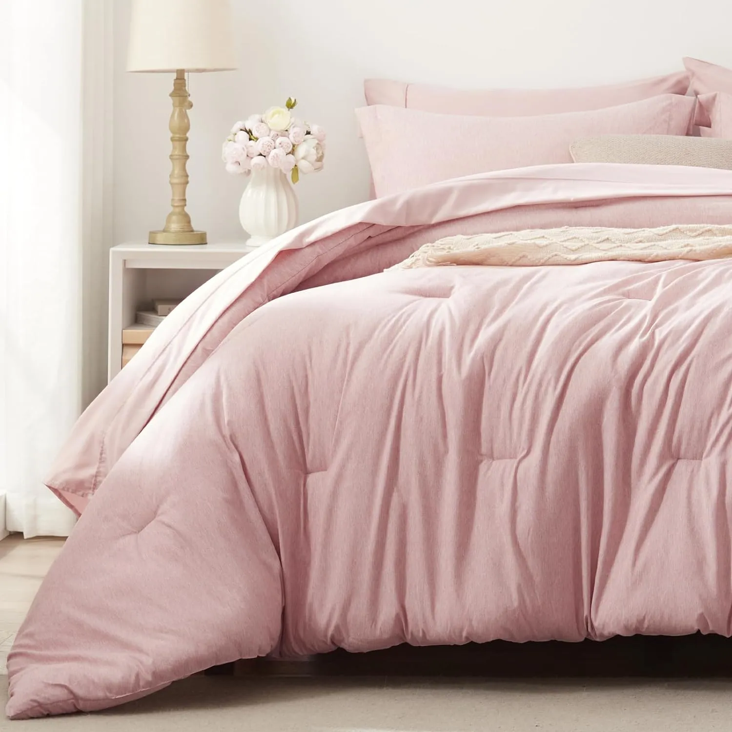 UNILIBRA King Comforter Set 7 Pieces Bed in a Bag - Pink King Soft Bedding Set for All Seasons - Cationic Dyeing Bed Comforter Sets with Comforter, Flat Sheet, Fitted Sheet, Pillowcases & Shams