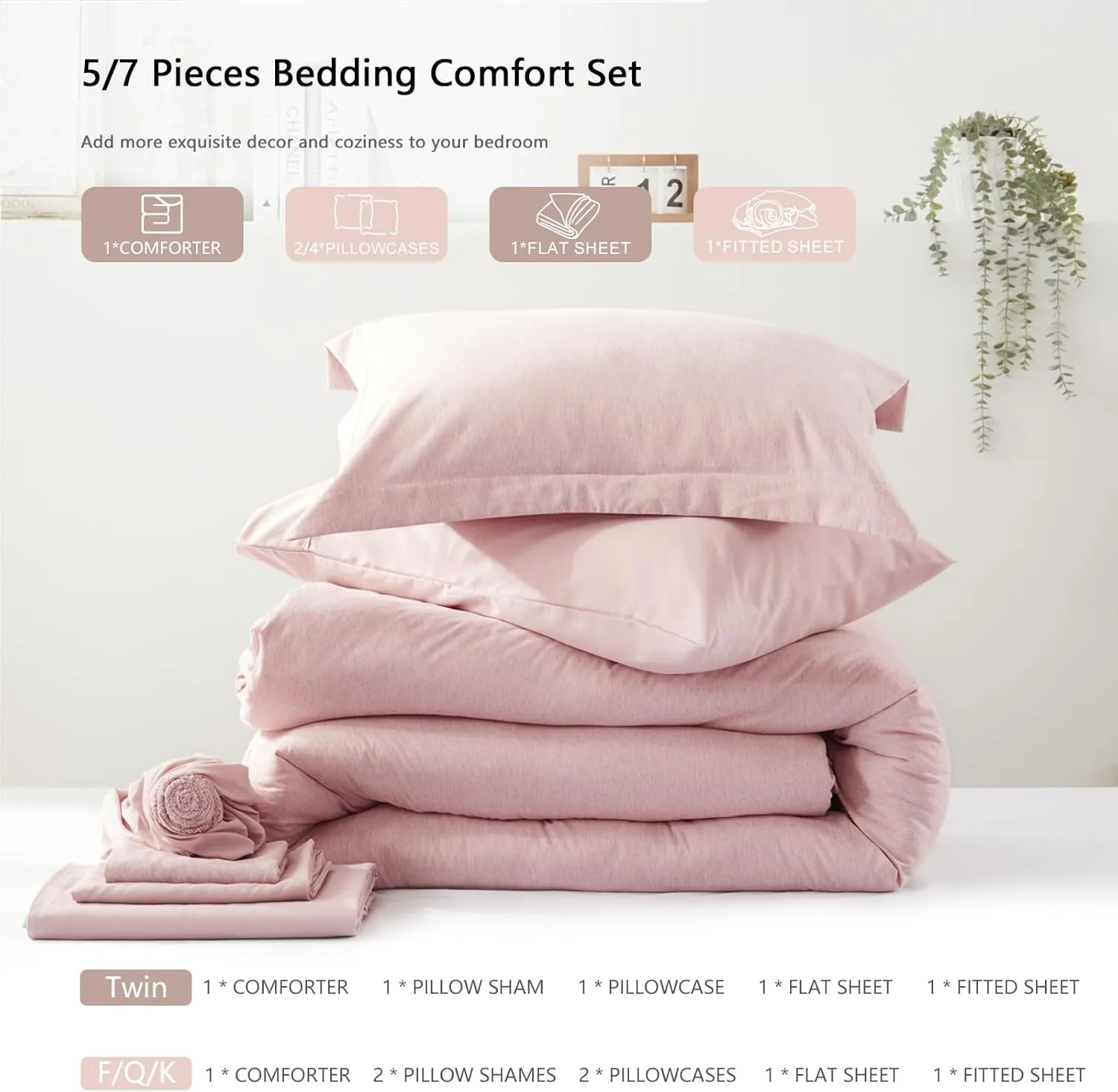 UNILIBRA King Comforter Set 7 Pieces Bed in a Bag - Pink King Soft Bedding Set for All Seasons - Cationic Dyeing Bed Comforter Sets with Comforter, Flat Sheet, Fitted Sheet, Pillowcases & Shams