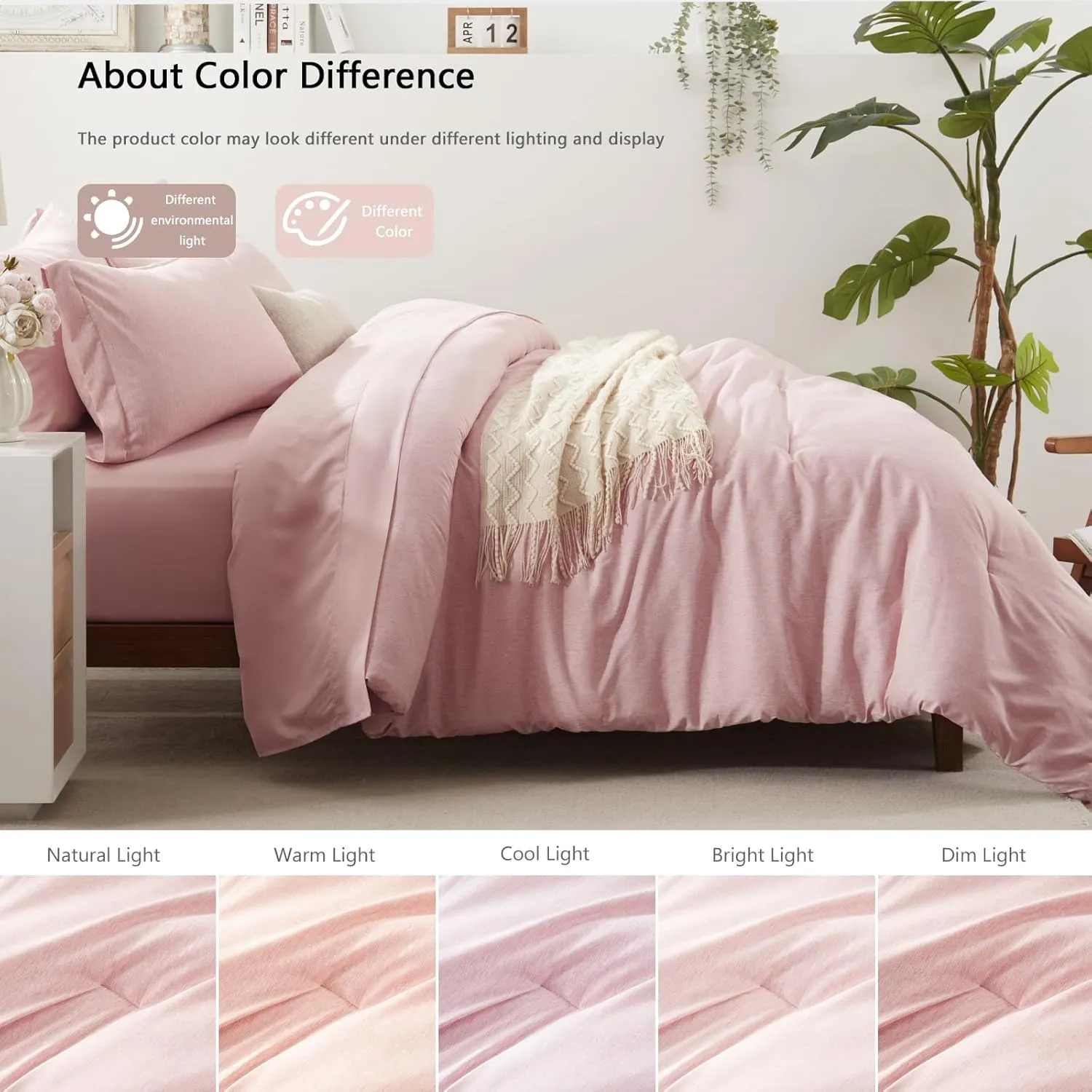 UNILIBRA King Comforter Set 7 Pieces Bed in a Bag - Pink King Soft Bedding Set for All Seasons - Cationic Dyeing Bed Comforter Sets with Comforter, Flat Sheet, Fitted Sheet, Pillowcases & Shams