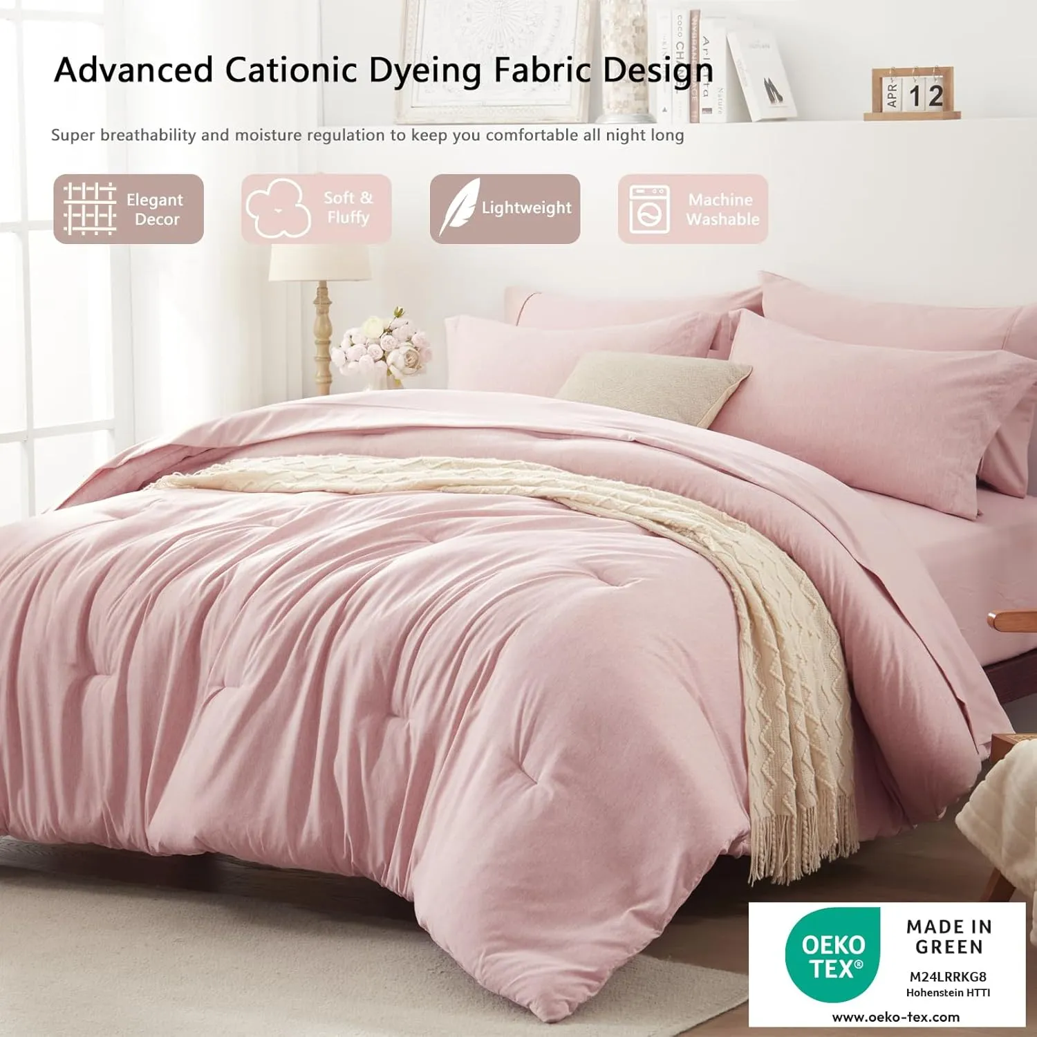 UNILIBRA King Comforter Set 7 Pieces Bed in a Bag - Pink King Soft Bedding Set for All Seasons - Cationic Dyeing Bed Comforter Sets with Comforter, Flat Sheet, Fitted Sheet, Pillowcases & Shams