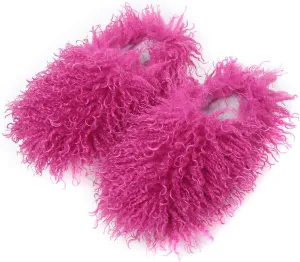 Unisex Fuzzy Faux Fur Slippers, Women's Fluffy Long Hair Sheep Faux Fur Slip on Slides, Girls Luxury Big Fluffy Outdoor Flat Slippers, Long Curly Hair Non-Slip Warm Home Slide Shoes