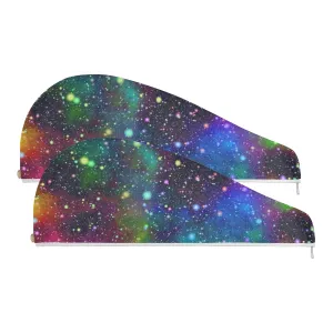 Universe, Nebula Night Starry Sky Rainbow Glittering Galaxy 2 Packs Hair Towel Wrap, Absorbent Turban Bath Hair Towel Hat, Quick Drying Hair Towel with Button for Curly, Long, Thick Hair