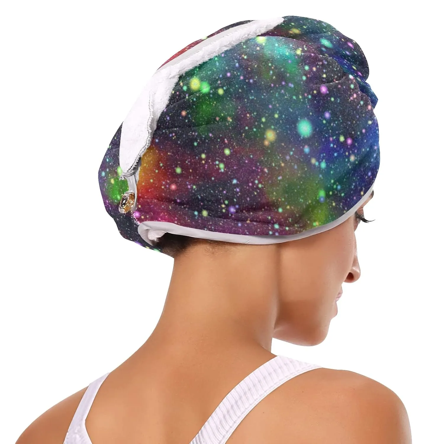 Universe, Nebula Night Starry Sky Rainbow Glittering Galaxy 2 Packs Hair Towel Wrap, Absorbent Turban Bath Hair Towel Hat, Quick Drying Hair Towel with Button for Curly, Long, Thick Hair