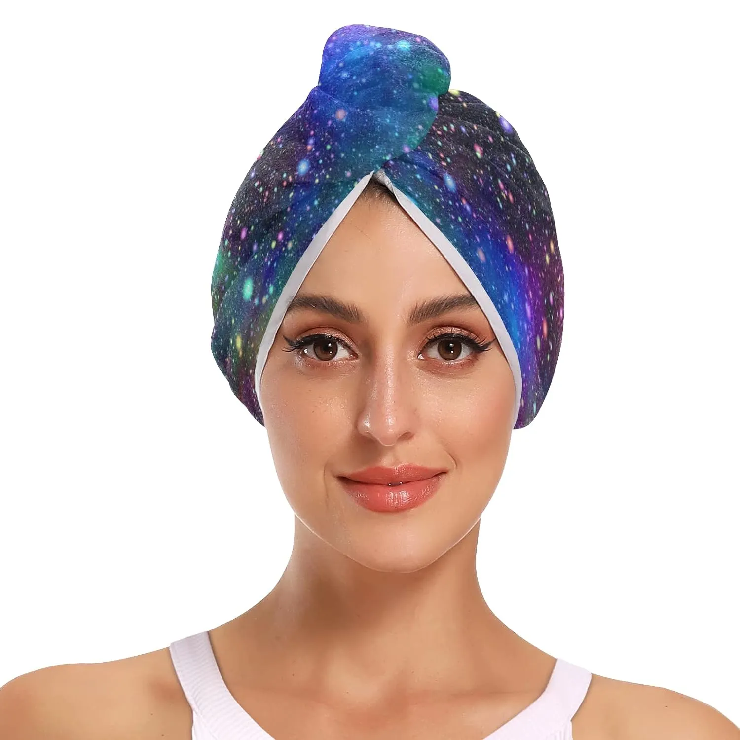 Universe, Nebula Night Starry Sky Rainbow Glittering Galaxy 2 Packs Hair Towel Wrap, Absorbent Turban Bath Hair Towel Hat, Quick Drying Hair Towel with Button for Curly, Long, Thick Hair