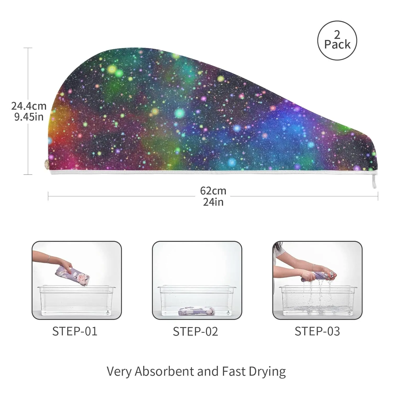 Universe, Nebula Night Starry Sky Rainbow Glittering Galaxy 2 Packs Hair Towel Wrap, Absorbent Turban Bath Hair Towel Hat, Quick Drying Hair Towel with Button for Curly, Long, Thick Hair