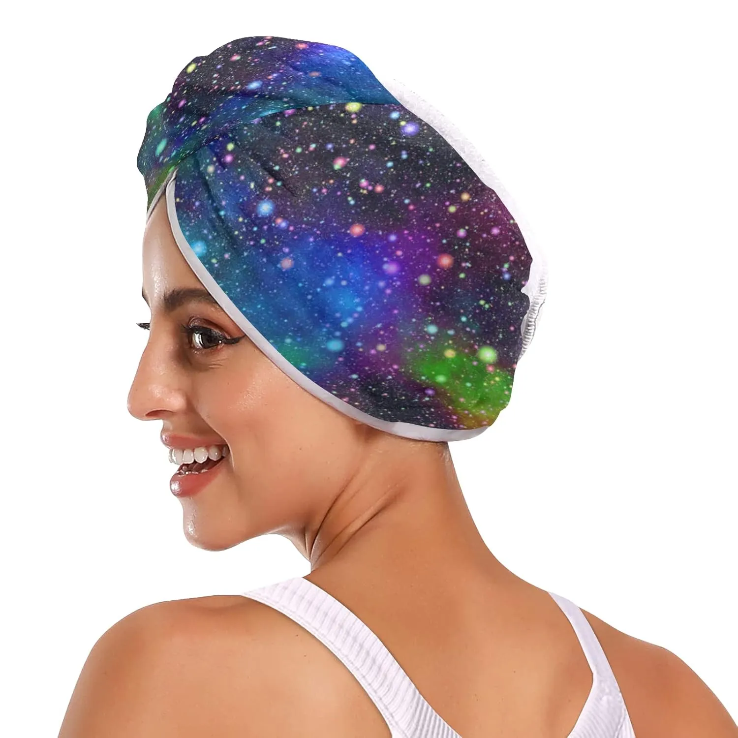 Universe, Nebula Night Starry Sky Rainbow Glittering Galaxy 2 Packs Hair Towel Wrap, Absorbent Turban Bath Hair Towel Hat, Quick Drying Hair Towel with Button for Curly, Long, Thick Hair