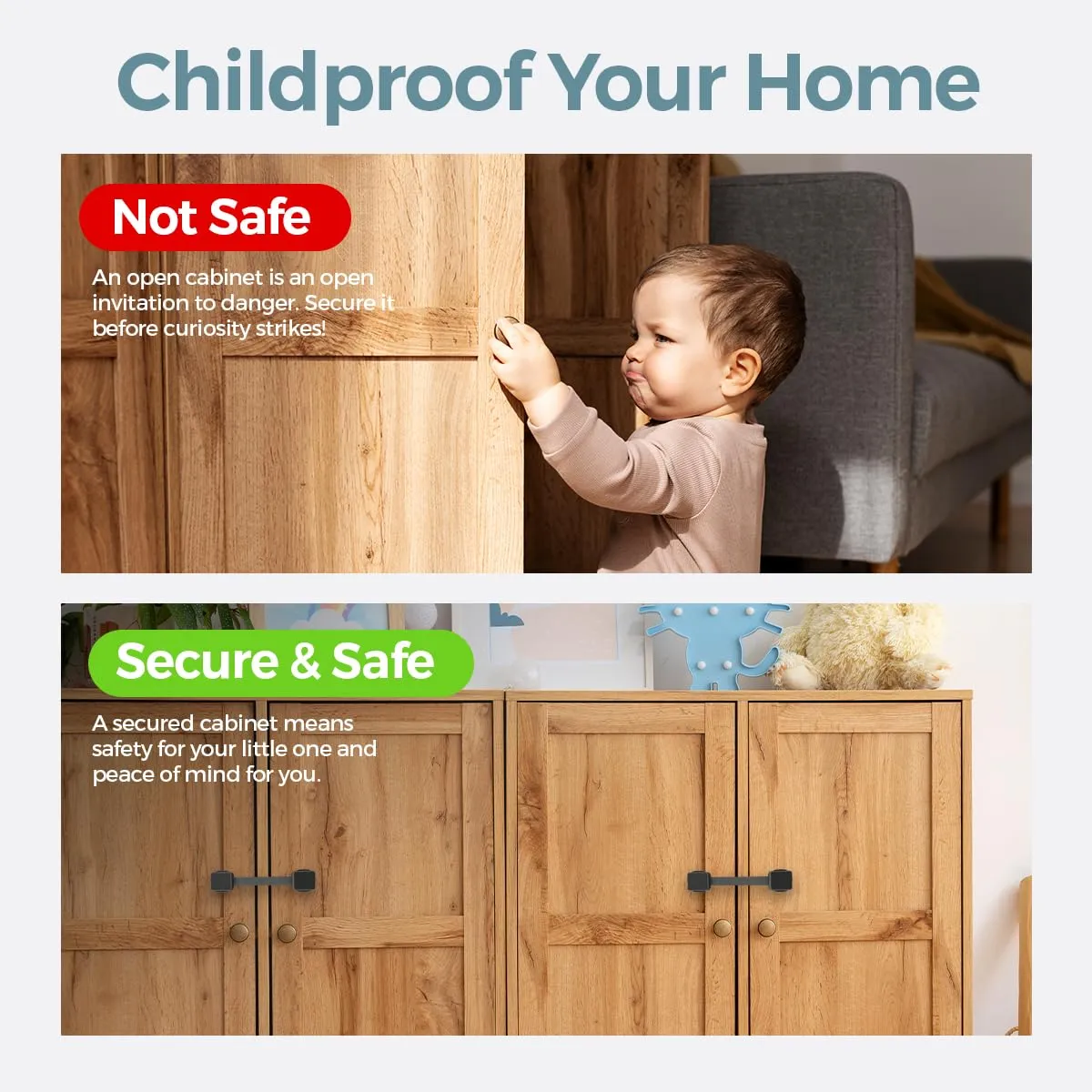Updated Version Cabinet Locks Baby Proofing (6-Pack Black) - Child Proof Cabinet Locks, No Drilling, Easy Installation, Adjustable & Reusable, Drawer Locks Baby Proofing