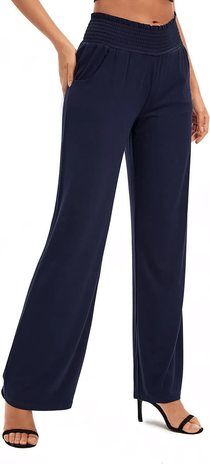 Urban CoCo Womens High Waist Flowy Palazzo Pants Elastic Waist Wide Leg Stretchy Straight Leg Dressy Casual Lounge Trousers