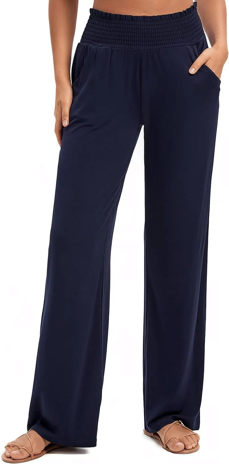 Urban CoCo Womens High Waist Flowy Palazzo Pants Elastic Waist Wide Leg Stretchy Straight Leg Dressy Casual Lounge Trousers