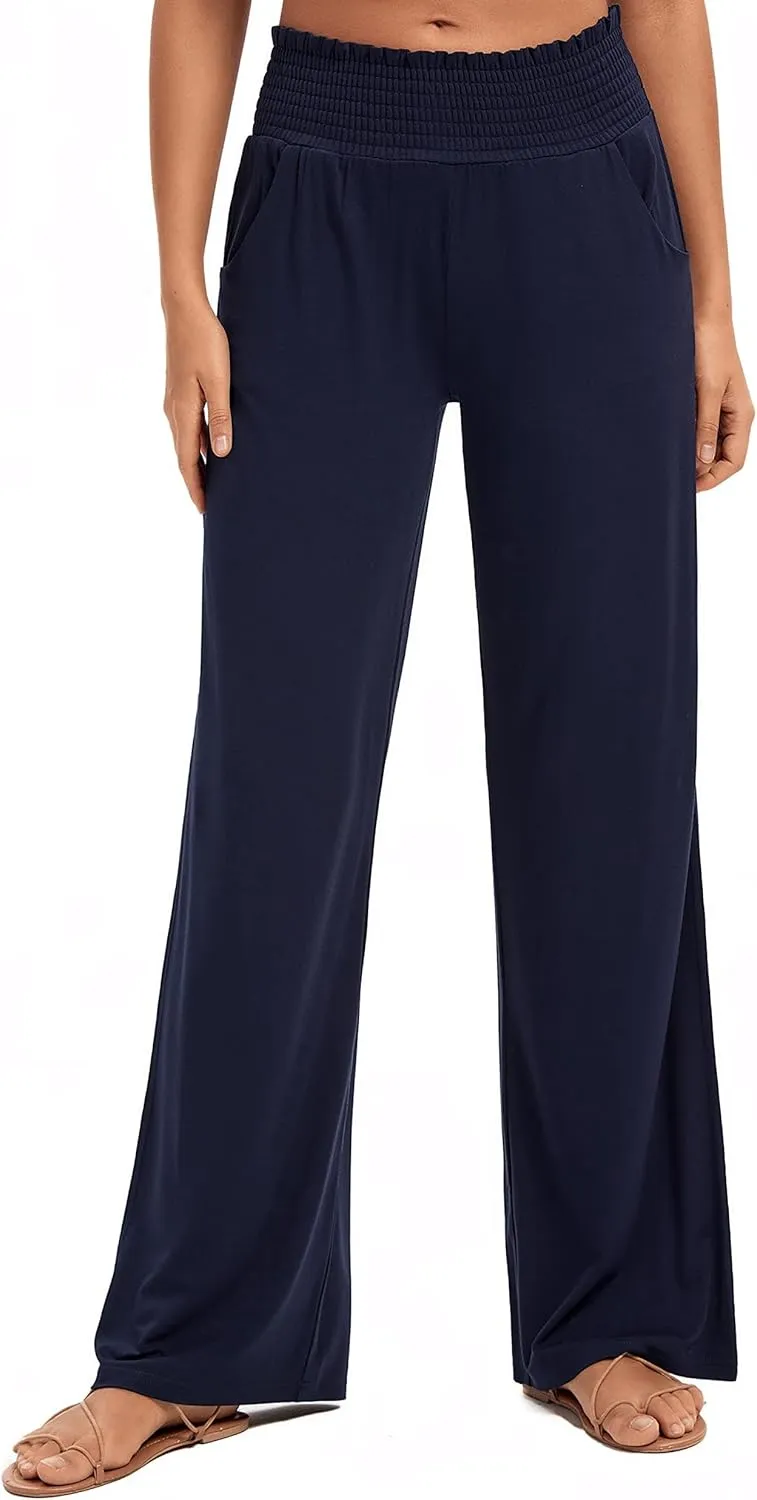 Urban CoCo Womens High Waist Flowy Palazzo Pants Elastic Waist Wide Leg Stretchy Straight Leg Dressy Casual Lounge Trousers