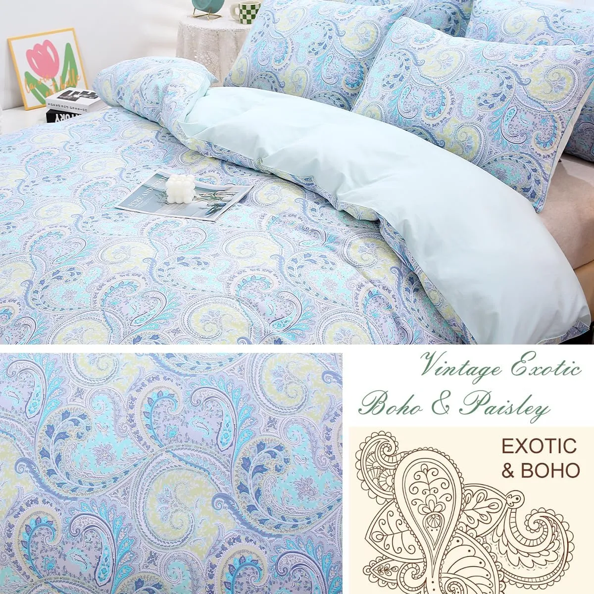 URBONUR Paisley Duvet Cover Set Twin Size 3Pcs for Boys Girls 100% Cotton Boho Bedding Light Blue Reversible Bed Sets, Ultra Soft Comforter Quilt Cover