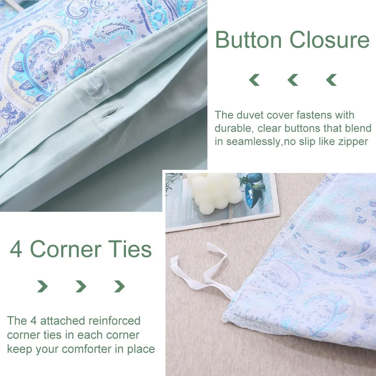 URBONUR Paisley Duvet Cover Set Twin Size 3Pcs for Boys Girls 100% Cotton Boho Bedding Light Blue Reversible Bed Sets, Ultra Soft Comforter Quilt Cover