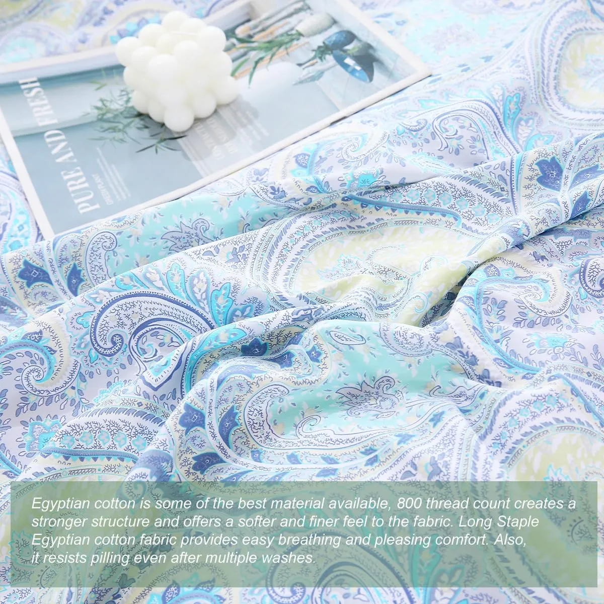 URBONUR Paisley Duvet Cover Set Twin Size 3Pcs for Boys Girls 100% Cotton Boho Bedding Light Blue Reversible Bed Sets, Ultra Soft Comforter Quilt Cover