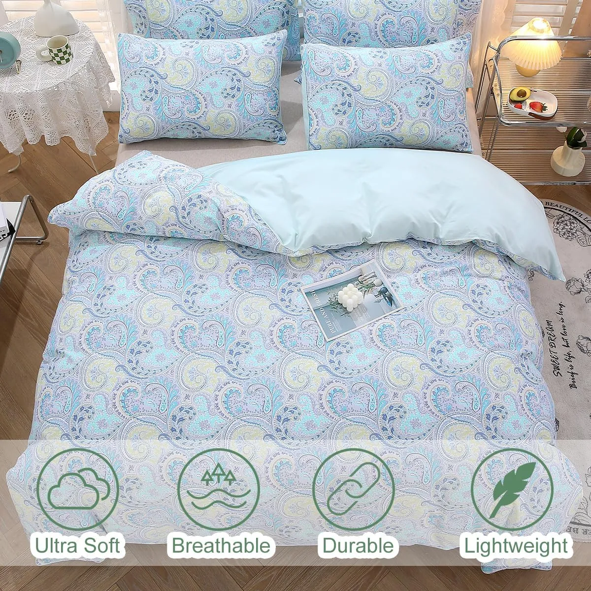 URBONUR Paisley Duvet Cover Set Twin Size 3Pcs for Boys Girls 100% Cotton Boho Bedding Light Blue Reversible Bed Sets, Ultra Soft Comforter Quilt Cover