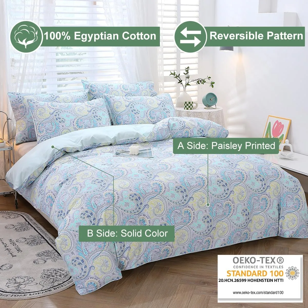 URBONUR Paisley Duvet Cover Set Twin Size 3Pcs for Boys Girls 100% Cotton Boho Bedding Light Blue Reversible Bed Sets, Ultra Soft Comforter Quilt Cover