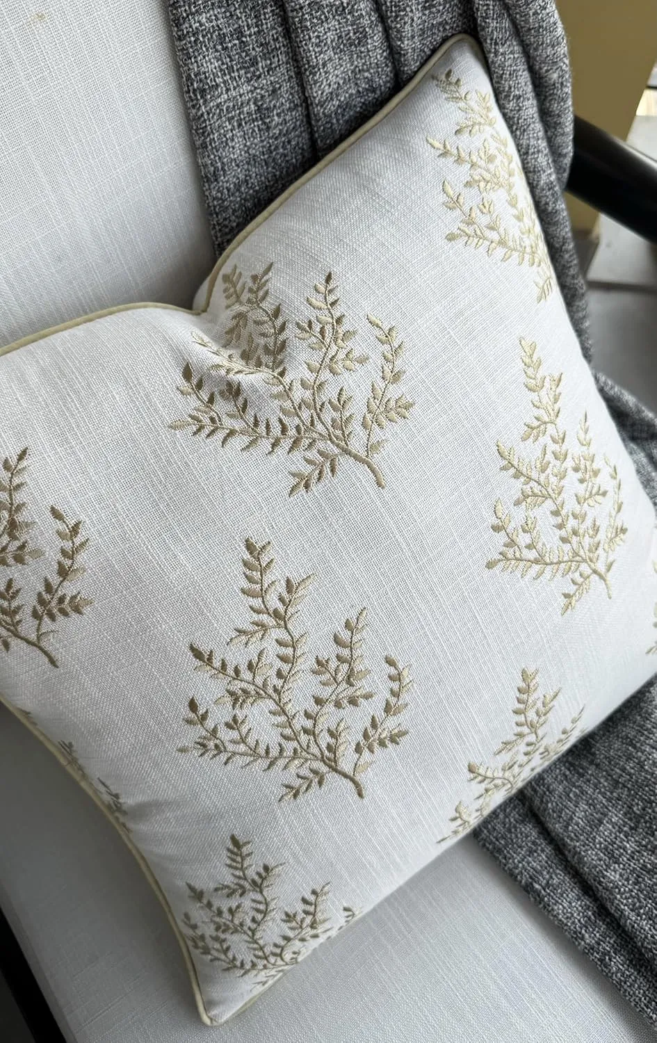 VAGMINE Embroidered Leaves Throw Pillow Cover - 20x20 Inches Square - 100% Cotton Ivory Cushion Cover - Delicate Leaf Stitchwork - Chic Home Accent for Sofa, Lounge, Rustic Farmhouse Décor