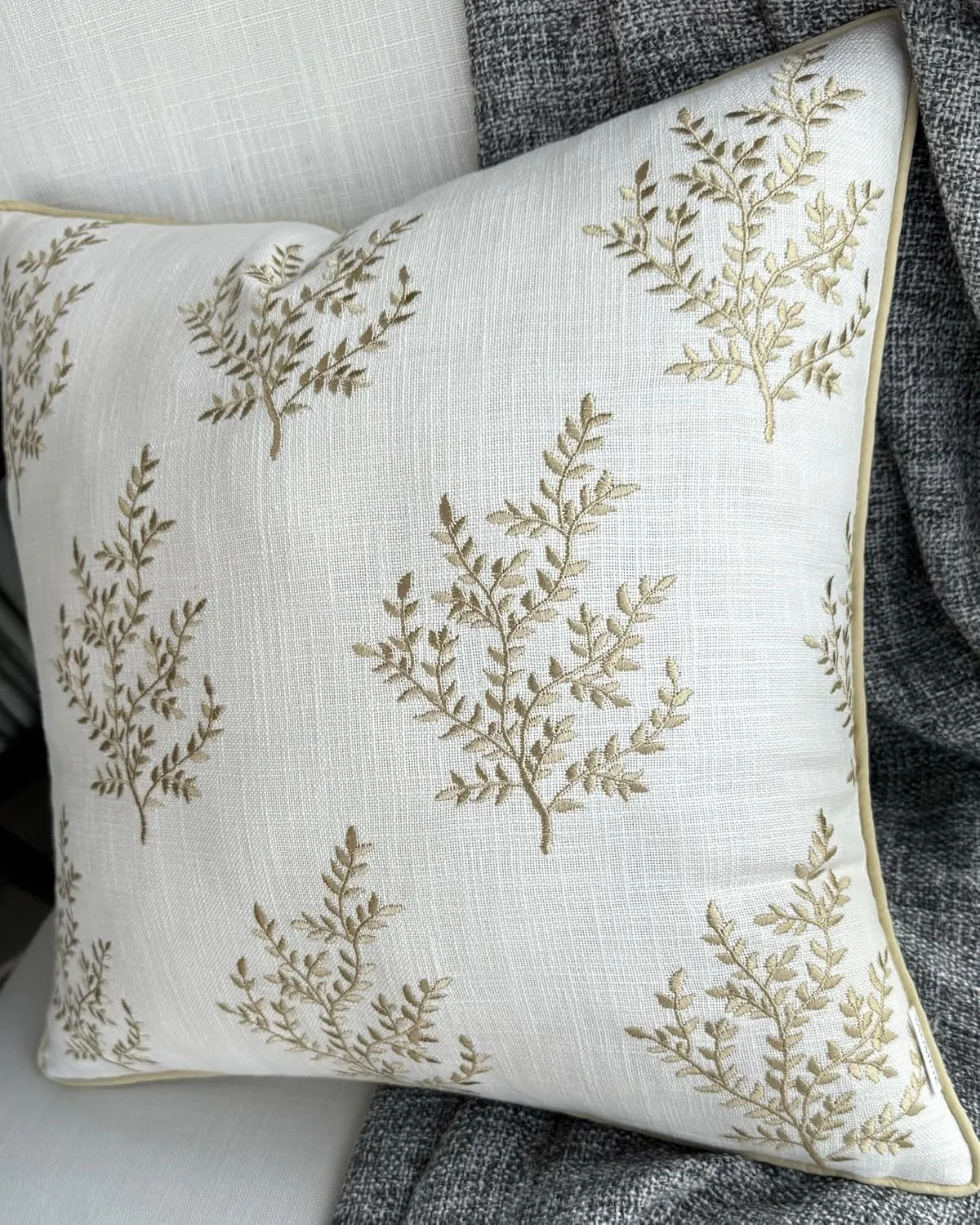 VAGMINE Embroidered Leaves Throw Pillow Cover - 20x20 Inches Square - 100% Cotton Ivory Cushion Cover - Delicate Leaf Stitchwork - Chic Home Accent for Sofa, Lounge, Rustic Farmhouse Décor