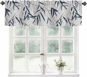 Valance Curtains for Windows,Blue White Willow leaves Semi Sheer Curtain Valance,Watercolor Botanical Leaves Window Valance Curtains,Short Rod Pocket Window Treatment for Kitchen Living Room 54"x18"