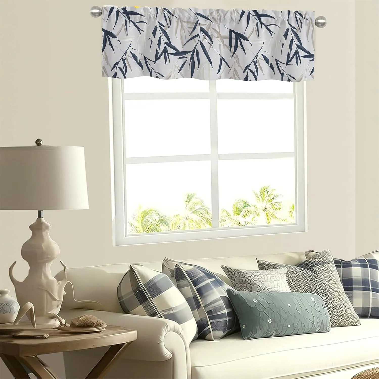 Valance Curtains for Windows,Blue White Willow leaves Semi Sheer Curtain Valance,Watercolor Botanical Leaves Window Valance Curtains,Short Rod Pocket Window Treatment for Kitchen Living Room 54"x18"