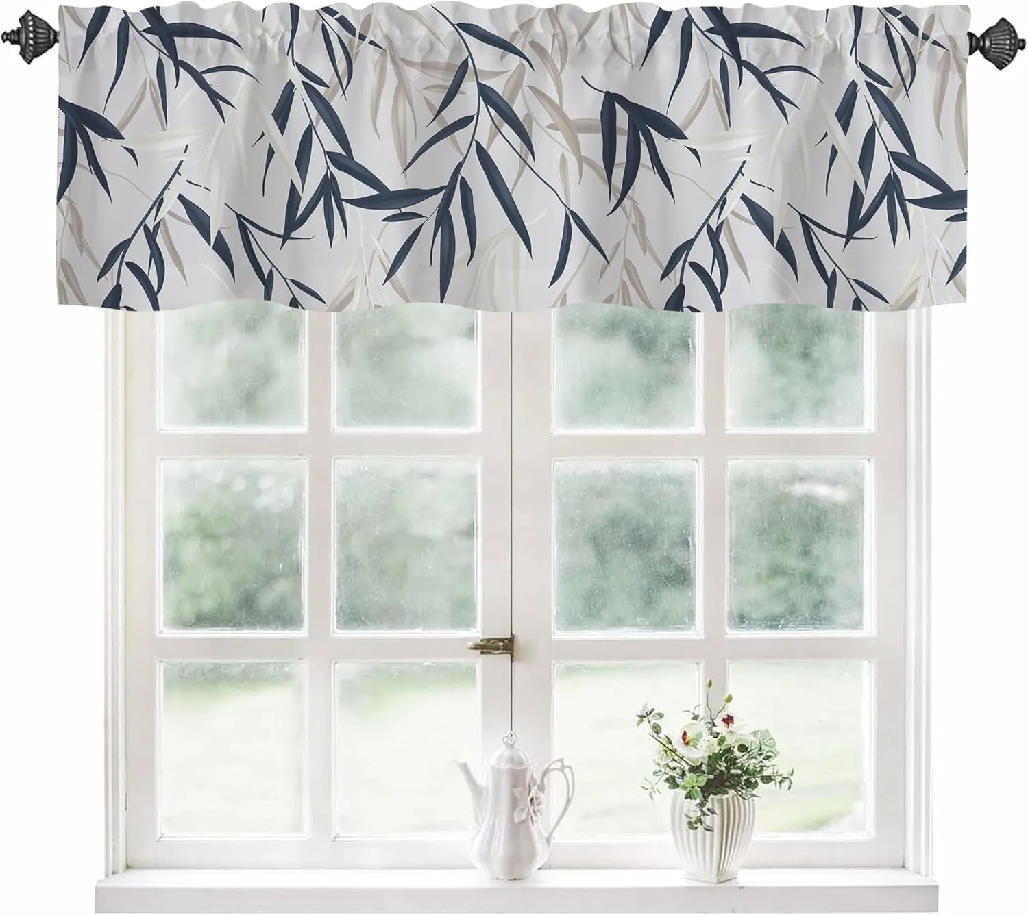 Valance Curtains for Windows,Blue White Willow leaves Semi Sheer Curtain Valance,Watercolor Botanical Leaves Window Valance Curtains,Short Rod Pocket Window Treatment for Kitchen Living Room 54"x18"