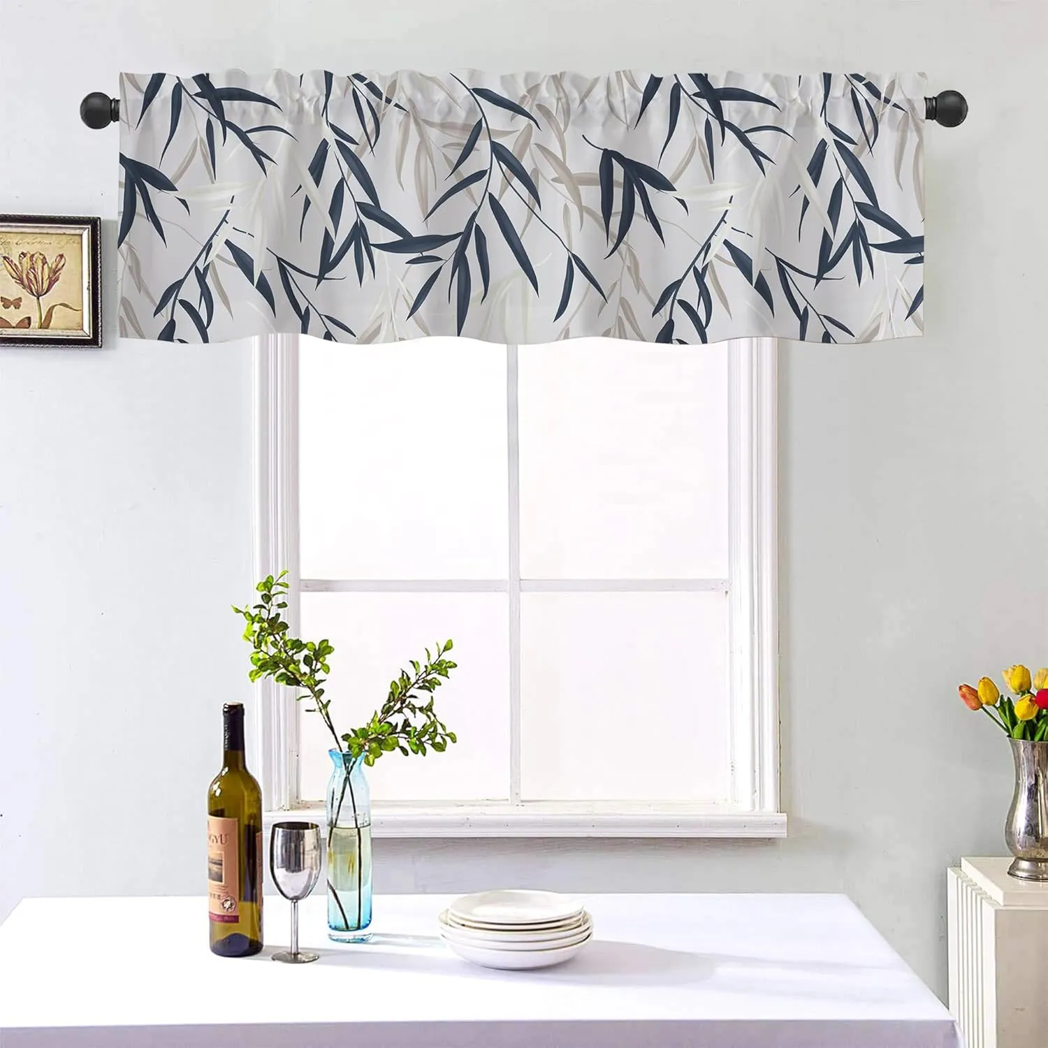 Valance Curtains for Windows,Blue White Willow leaves Semi Sheer Curtain Valance,Watercolor Botanical Leaves Window Valance Curtains,Short Rod Pocket Window Treatment for Kitchen Living Room 54"x18"