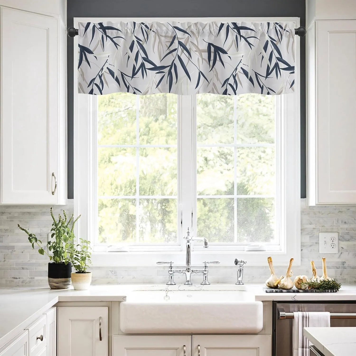 Valance Curtains for Windows,Blue White Willow leaves Semi Sheer Curtain Valance,Watercolor Botanical Leaves Window Valance Curtains,Short Rod Pocket Window Treatment for Kitchen Living Room 54"x18"