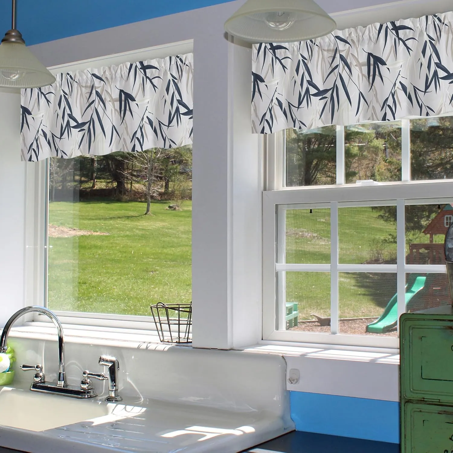 Valance Curtains for Windows,Blue White Willow leaves Semi Sheer Curtain Valance,Watercolor Botanical Leaves Window Valance Curtains,Short Rod Pocket Window Treatment for Kitchen Living Room 54"x18"