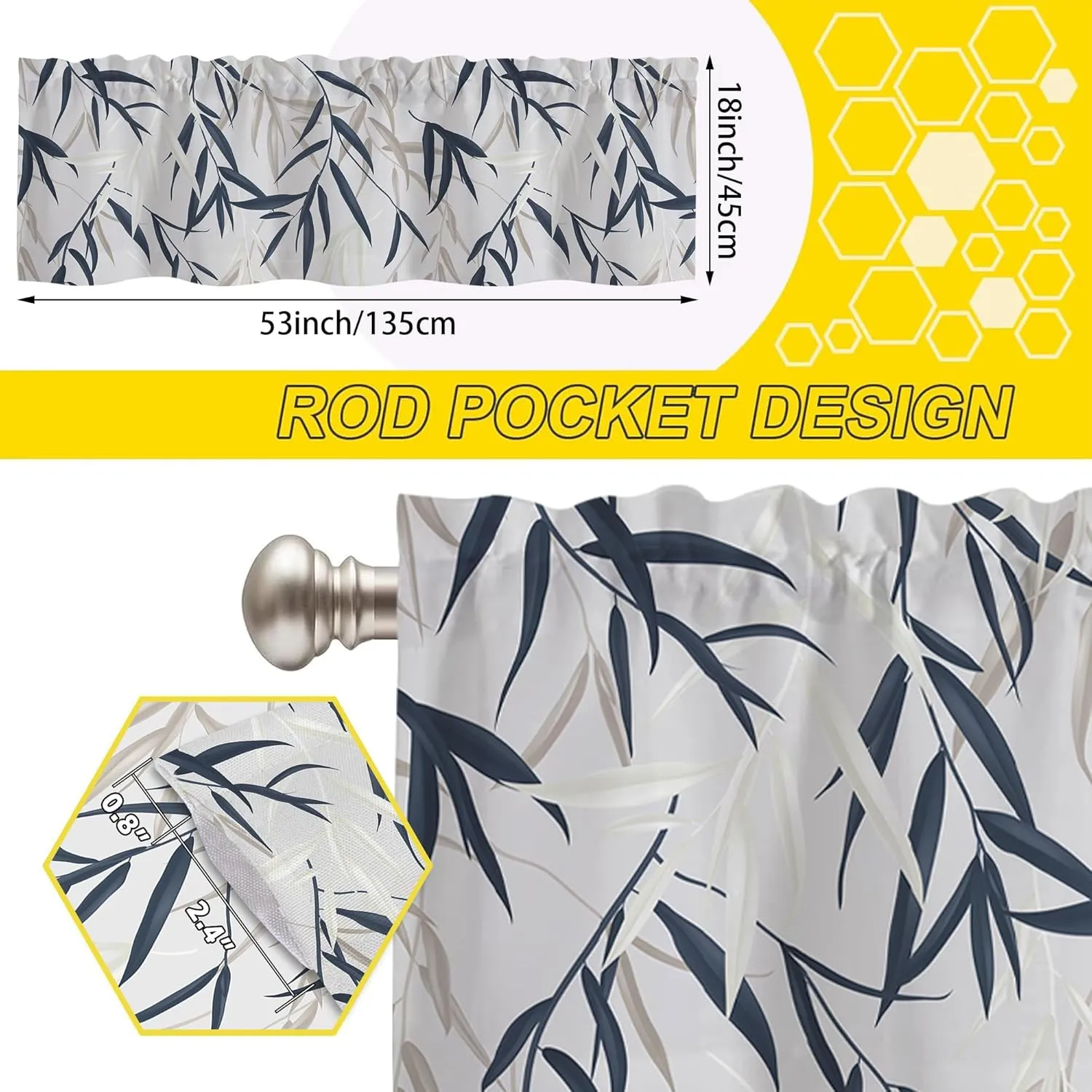Valance Curtains for Windows,Blue White Willow leaves Semi Sheer Curtain Valance,Watercolor Botanical Leaves Window Valance Curtains,Short Rod Pocket Window Treatment for Kitchen Living Room 54"x18"