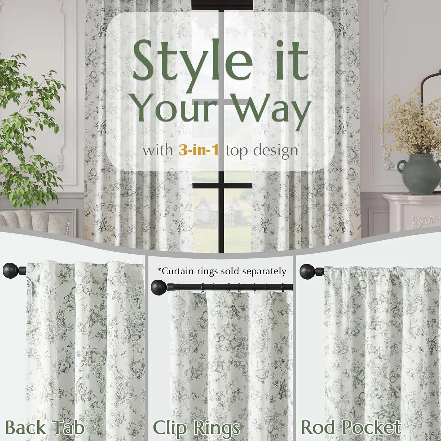 Vangao Sage Green 100% Blackout Curtains for Bedroom 63 Inch Length, Printed Flower Floral Curtains for Living Room Rod Pocket Back Tab Full Thermal Insulated Window Drapes, 2 Panels Green and White