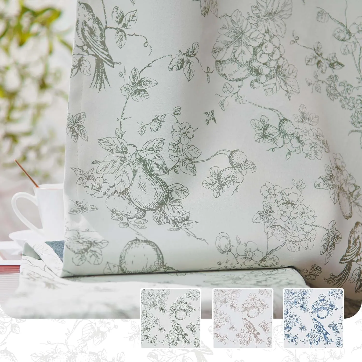 Vangao Sage Green 100% Blackout Curtains for Bedroom 63 Inch Length, Printed Flower Floral Curtains for Living Room Rod Pocket Back Tab Full Thermal Insulated Window Drapes, 2 Panels Green and White