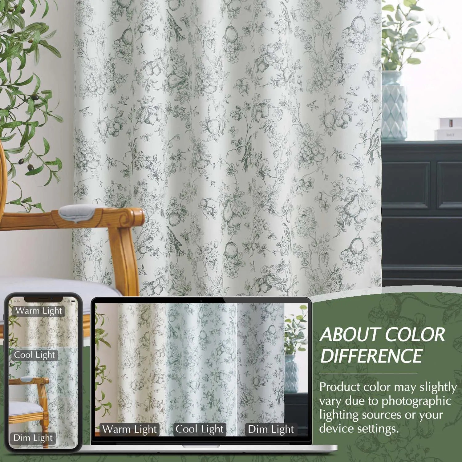 Vangao Sage Green 100% Blackout Curtains for Bedroom 63 Inch Length, Printed Flower Floral Curtains for Living Room Rod Pocket Back Tab Full Thermal Insulated Window Drapes, 2 Panels Green and White