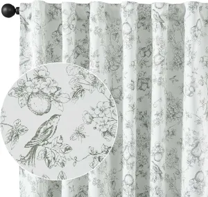 Vangao Sage Green 100% Blackout Curtains for Bedroom 63 Inch Length, Printed Flower Floral Curtains for Living Room Rod Pocket Back Tab Full Thermal Insulated Window Drapes, 2 Panels Green and White
