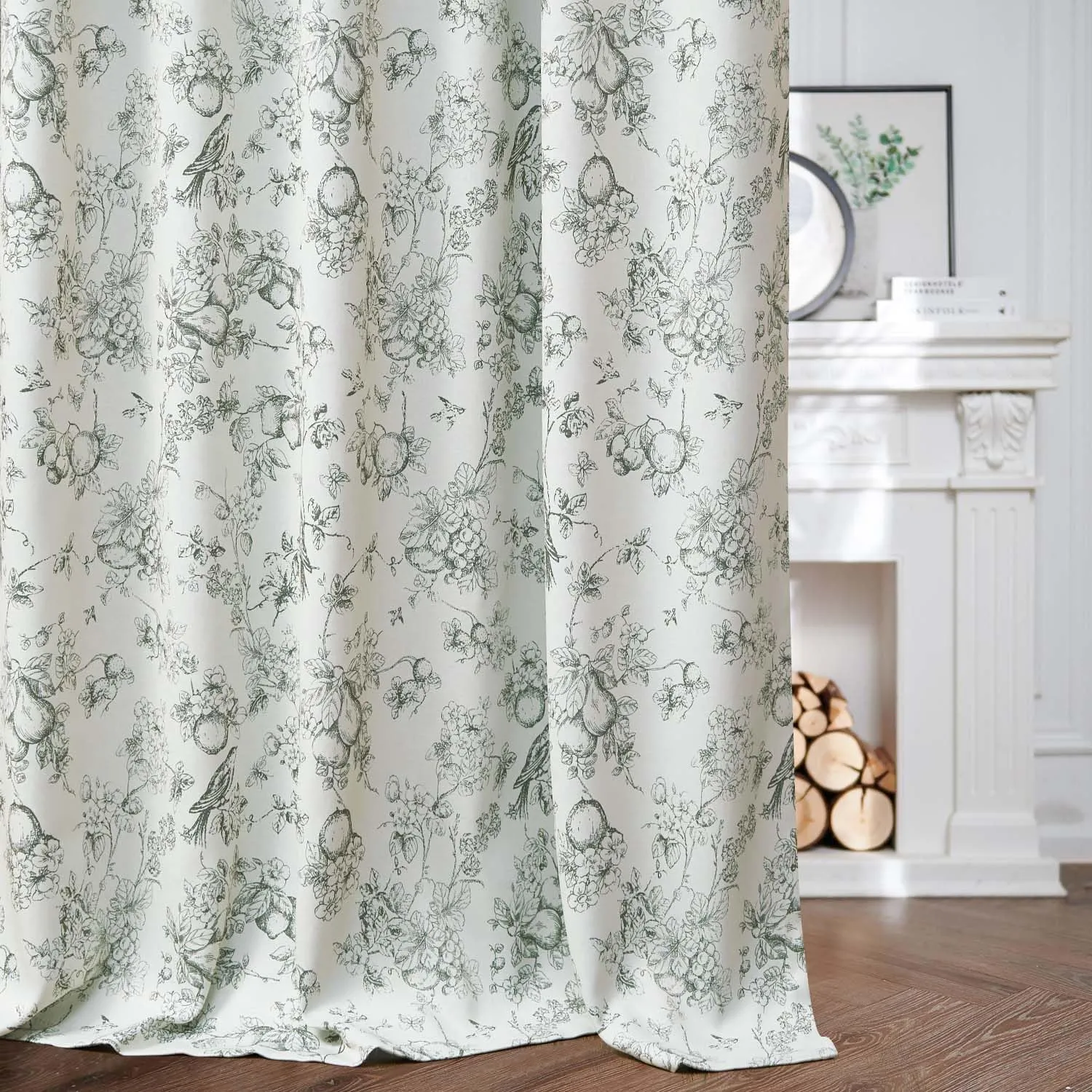 Vangao Sage Green 100% Blackout Curtains for Bedroom 63 Inch Length, Printed Flower Floral Curtains for Living Room Rod Pocket Back Tab Full Thermal Insulated Window Drapes, 2 Panels Green and White