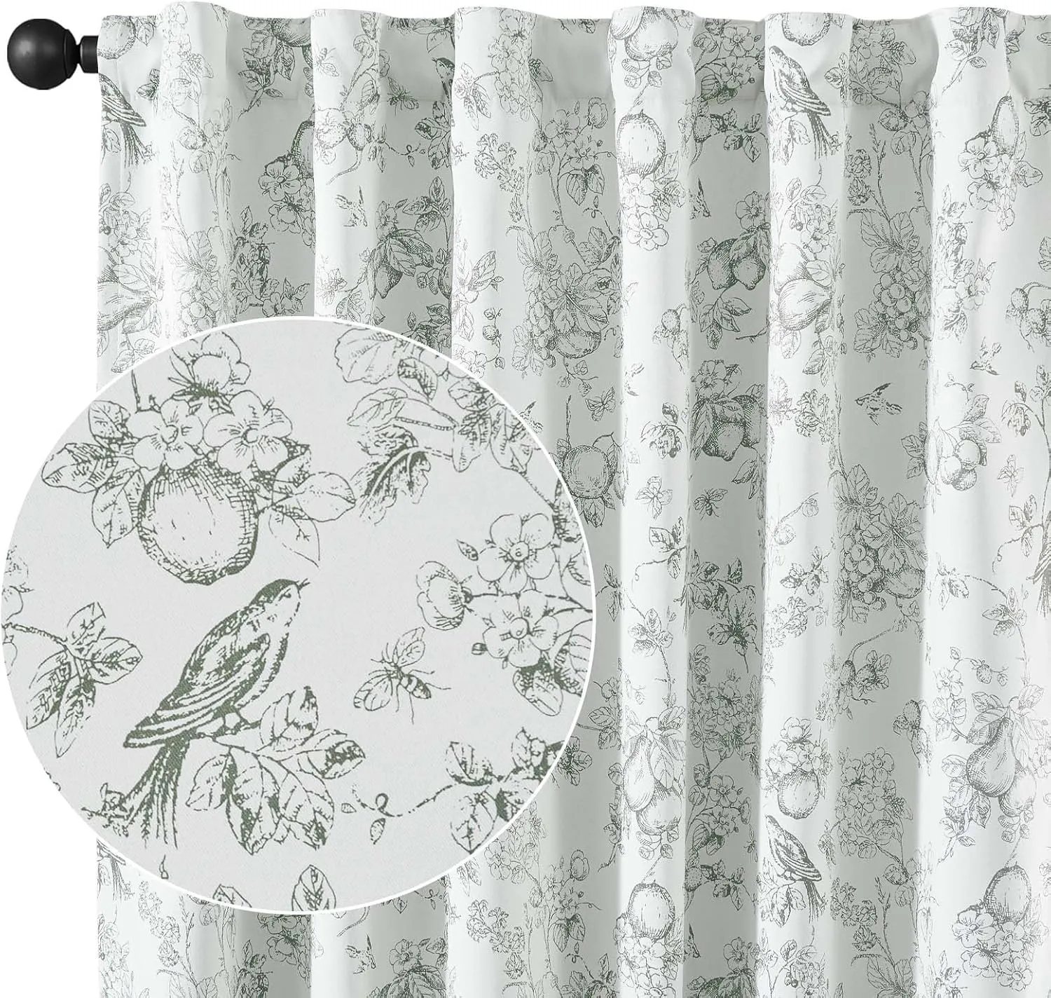 Vangao Sage Green 100% Blackout Curtains for Bedroom 63 Inch Length, Printed Flower Floral Curtains for Living Room Rod Pocket Back Tab Full Thermal Insulated Window Drapes, 2 Panels Green and White