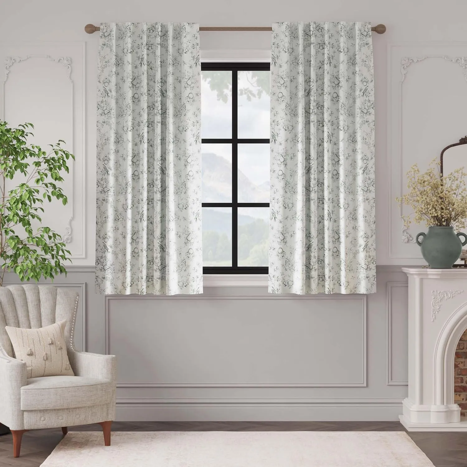 Vangao Sage Green 100% Blackout Curtains for Bedroom 63 Inch Length, Printed Flower Floral Curtains for Living Room Rod Pocket Back Tab Full Thermal Insulated Window Drapes, 2 Panels Green and White