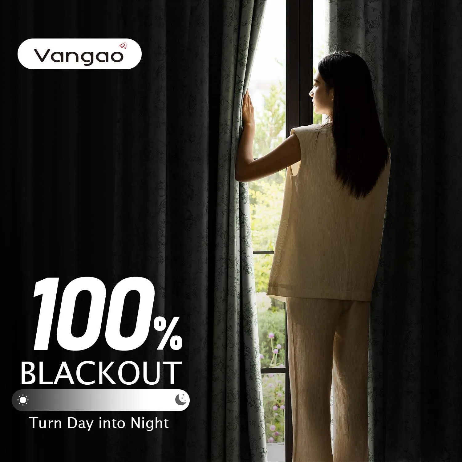 Vangao Sage Green 100% Blackout Curtains for Bedroom 63 Inch Length, Printed Flower Floral Curtains for Living Room Rod Pocket Back Tab Full Thermal Insulated Window Drapes, 2 Panels Green and White