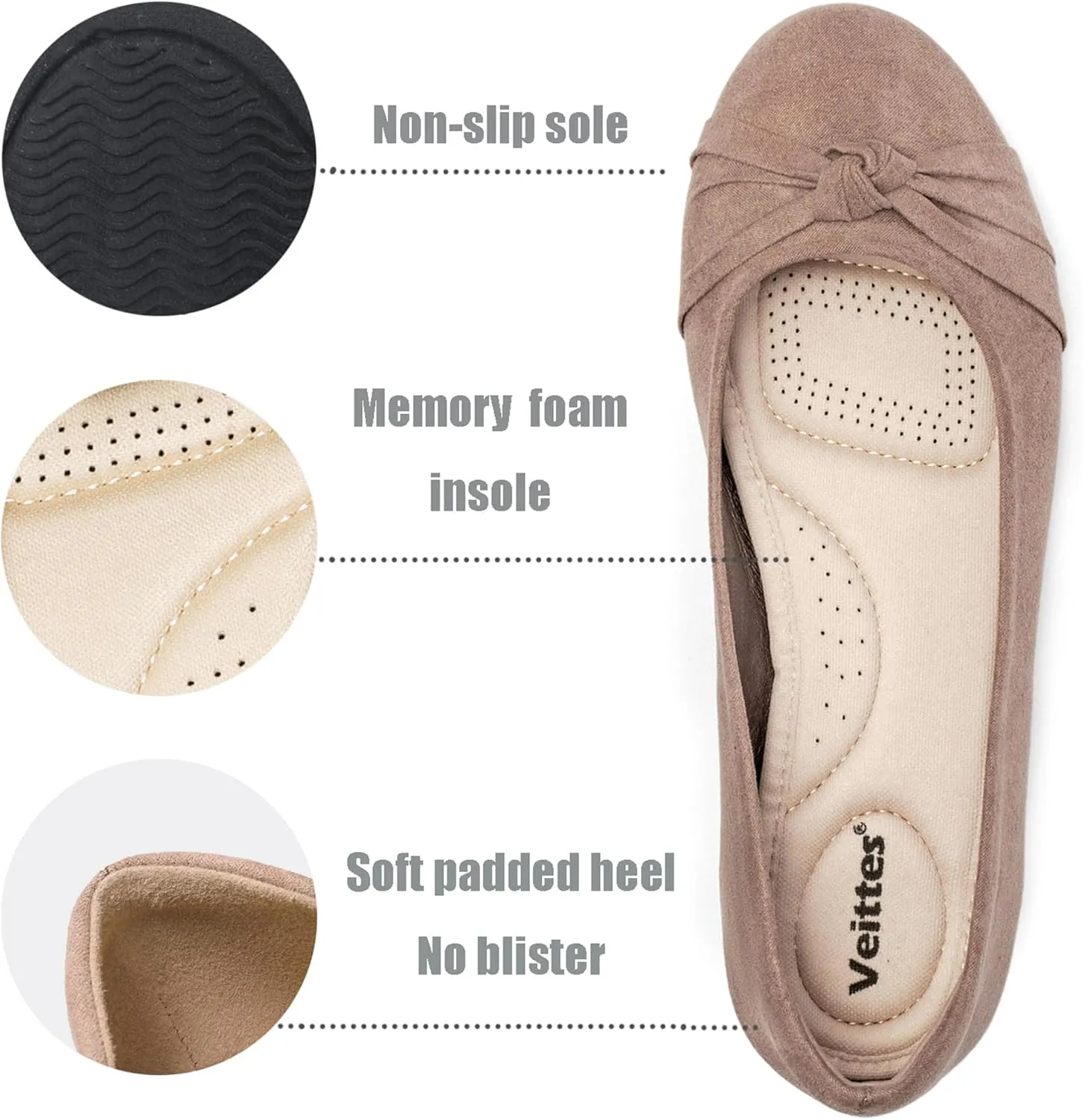 Veittes Women's Wide Width Flat Shoes, Classic Soft Round Toe Design Ballet Flats.