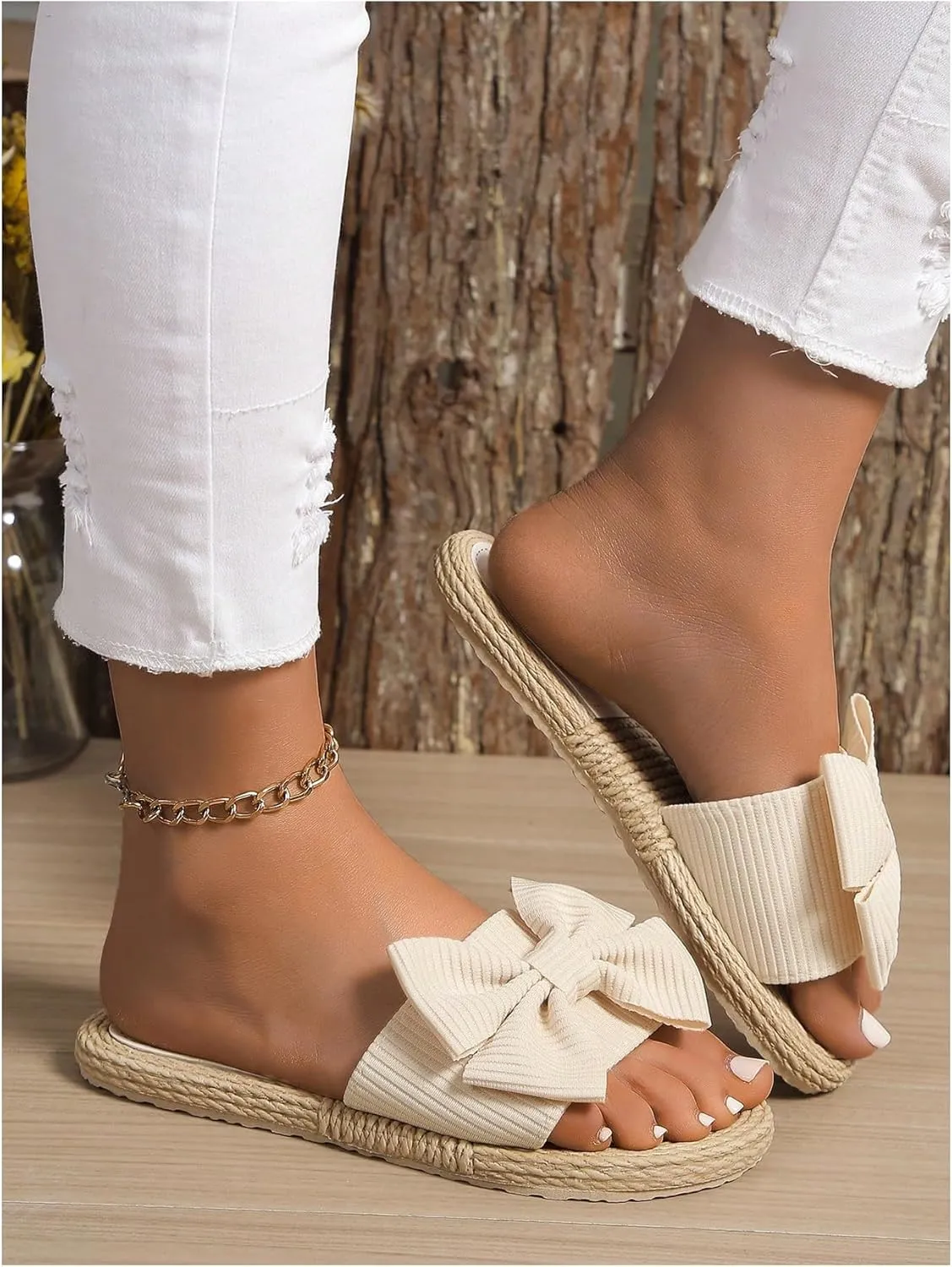 Verdusa Women's Bow Summr Flat Sandals Open Toe Sandals Slip On Slides