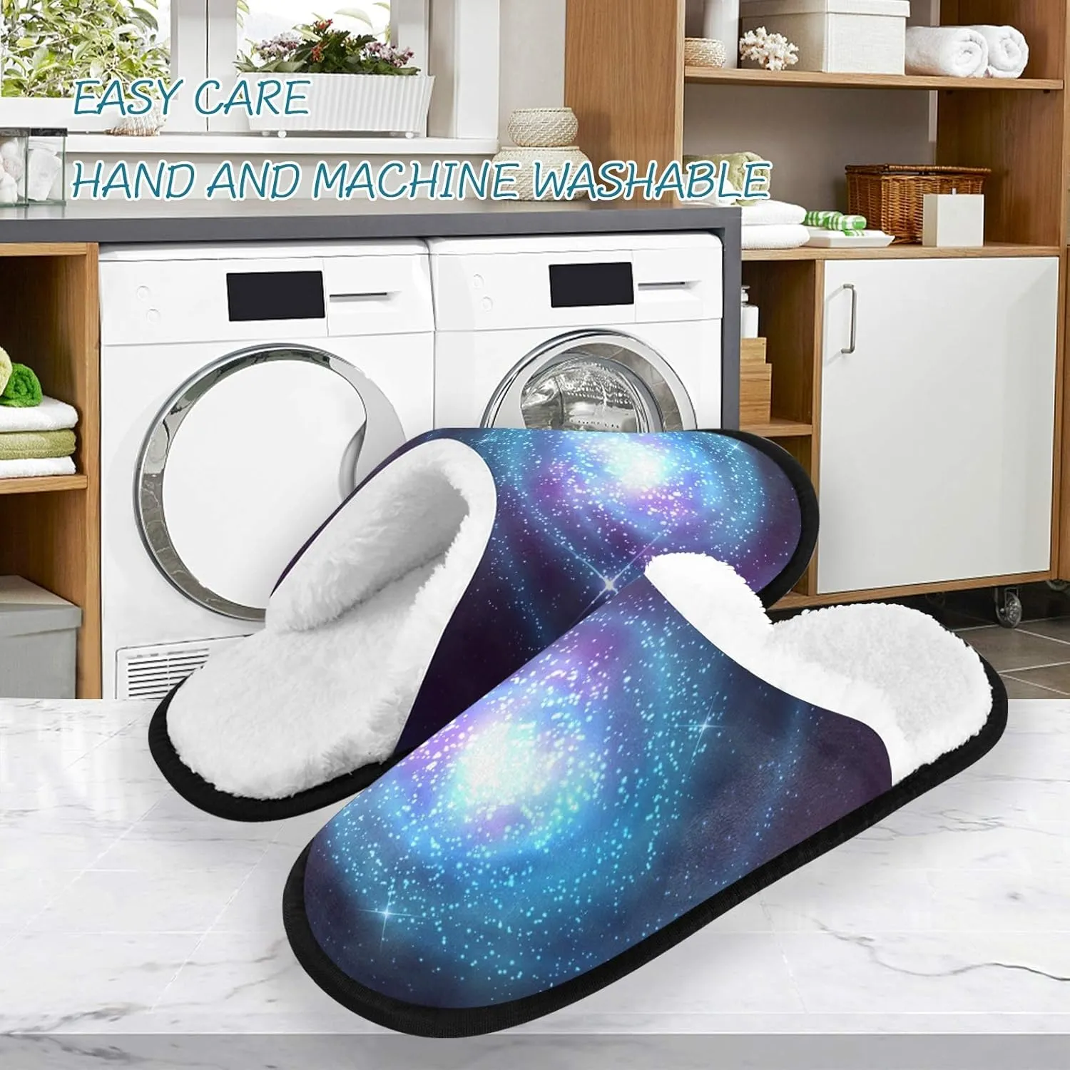 visesunny Cozy Fuzzy Plush Fleece Slippers for Women Men Fantasy Blue Galaxy Soft Memory Foam Ladies House Shoes Warm Bedroom Flat Shoe Indoor Outdoor